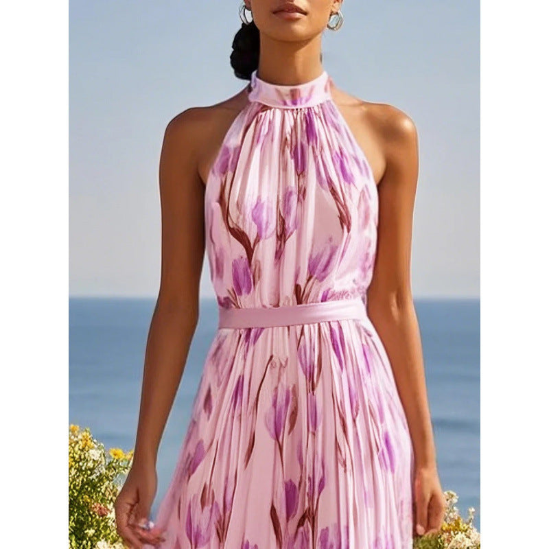 Womens Swing-Style Halterneck Printed Dress