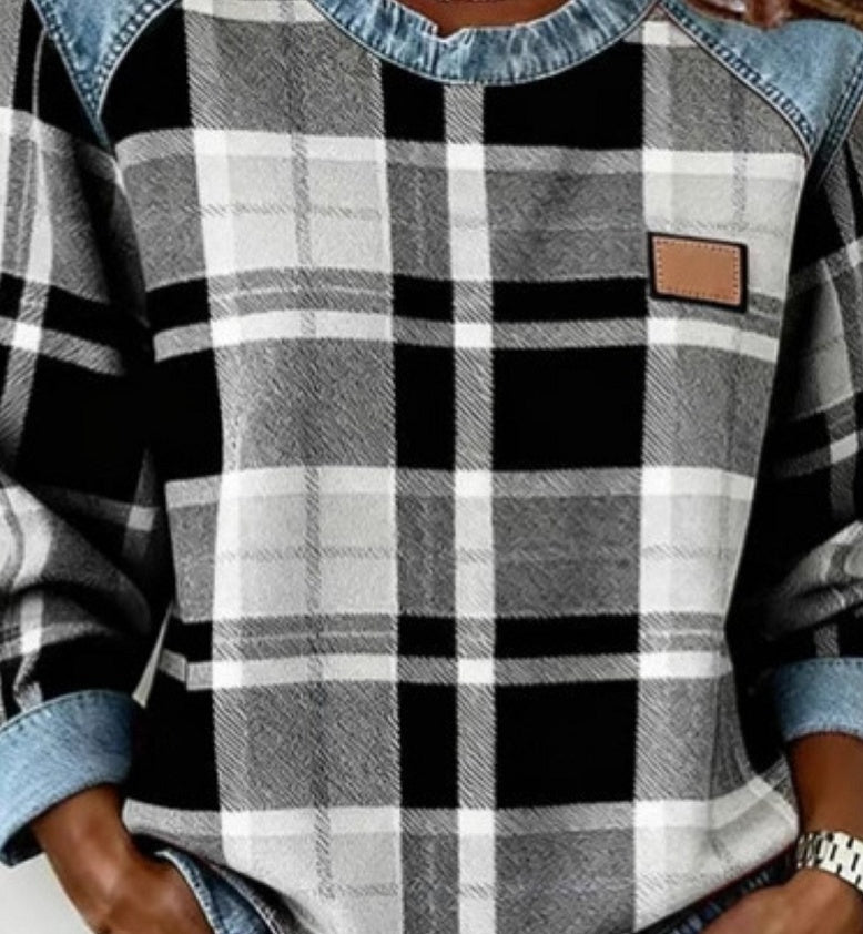 Denim Patchwork Sweatshirt Fashion Unique Crewneck Pullover Long-sleeved Shirt Top Women's Clothing