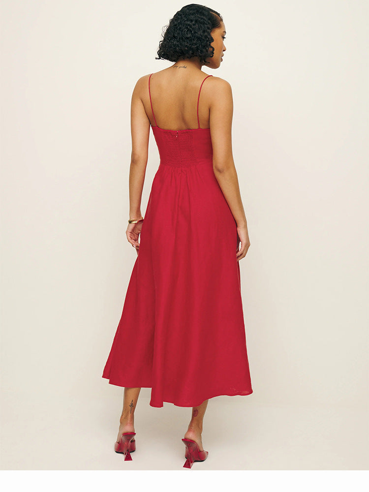 Elena Linen-Blend Midi Dress – Smocked Back Strappy Summer Sun Dress