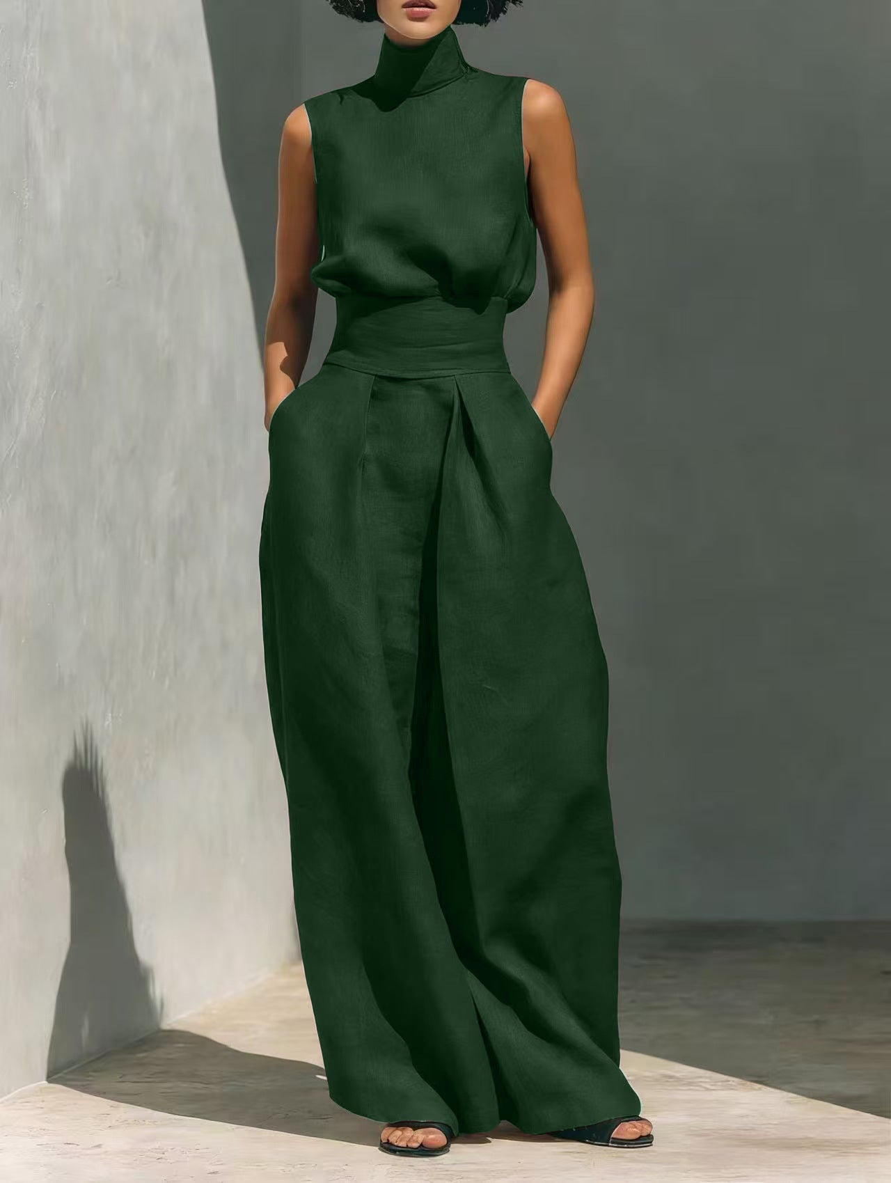 Serene High-Neck Linen Set – Architectural Wide-Leg Two-Piece Ensemble