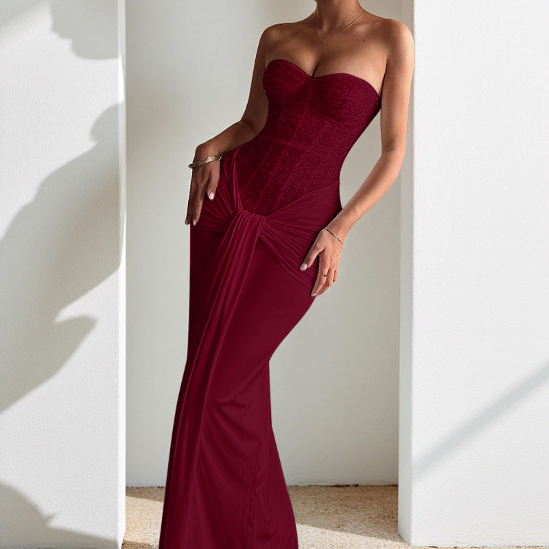 Seraphina Strapless Corset Maxi Gown – Draped Elegance in Textured Lace