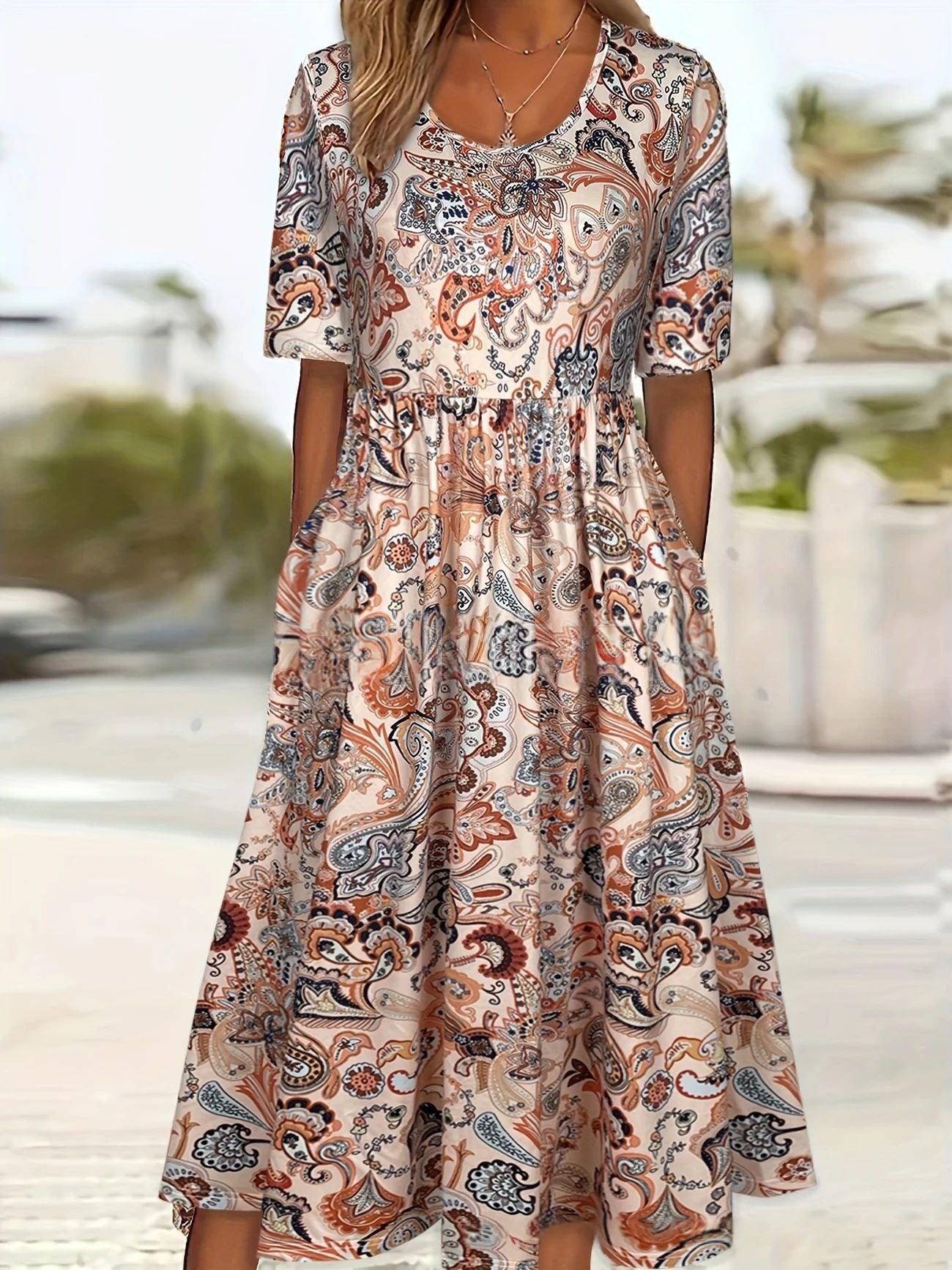 V-neck Short-sleeve Belted Maxi Dress With Pockets