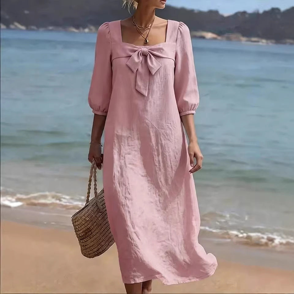 Fashionable Square-Neck Bow-Knot Womens Dress