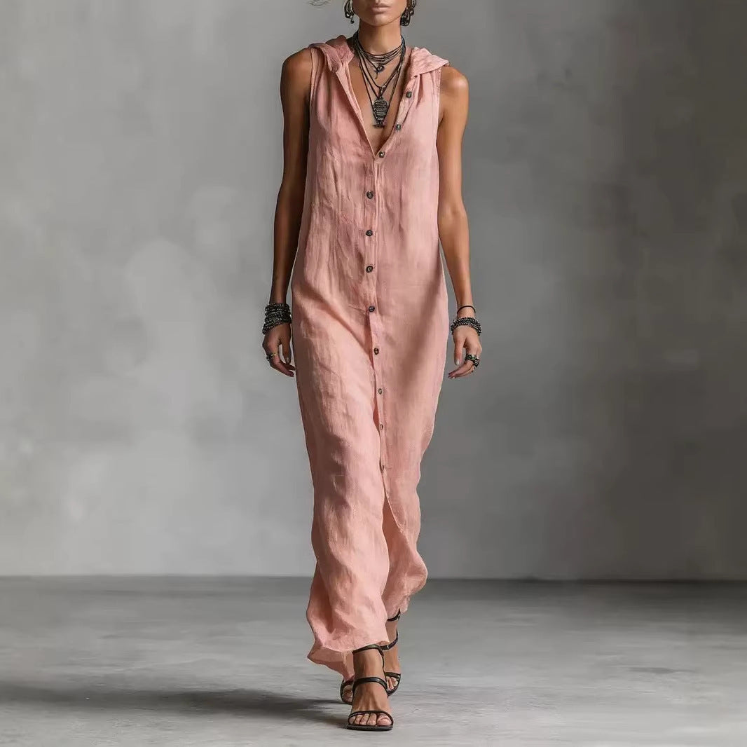Sleeveless Hooded Maxi Dress With Button Placket Women's Clothing