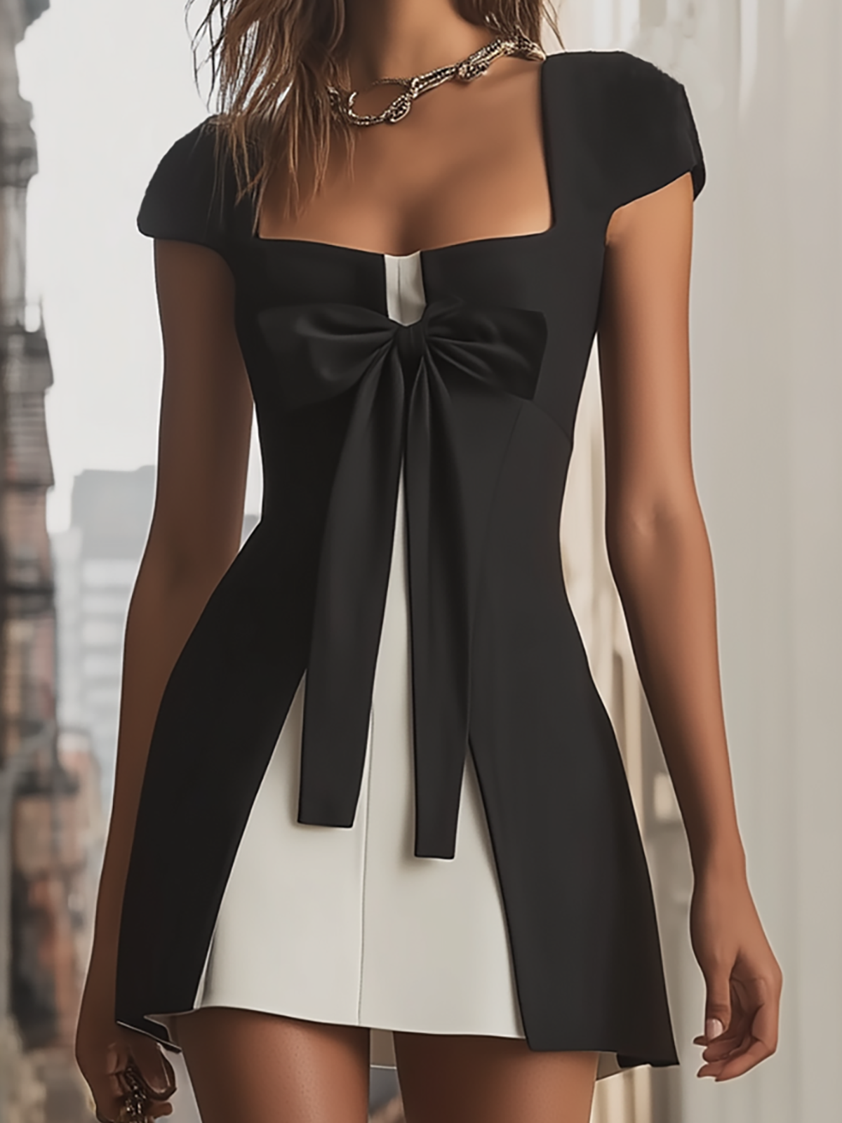 Black And White Contrast Bow Detail Mini Dress
