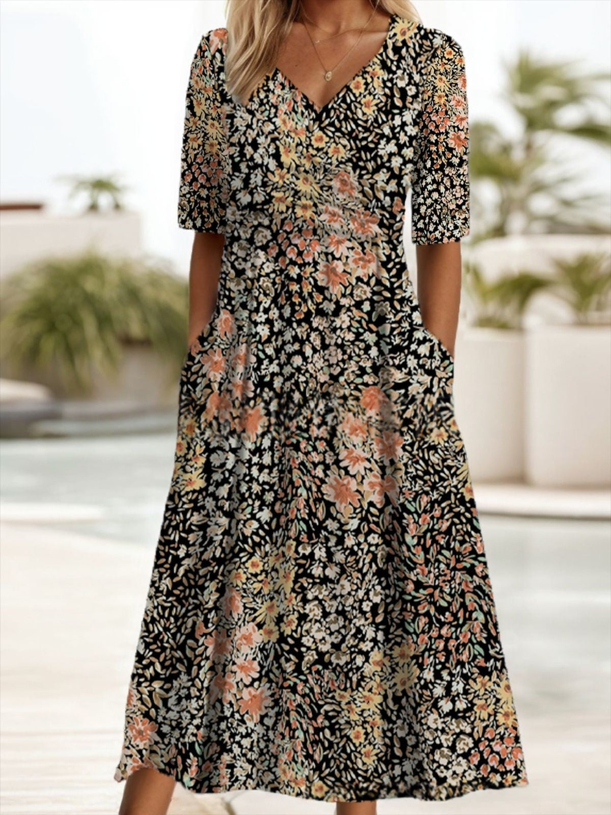 V-neck Short-sleeve Belted Maxi Dress With Pockets