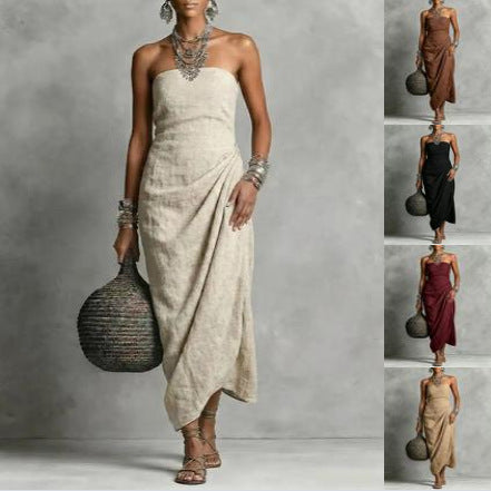 Strapless Pleated Linen Cotton Dress