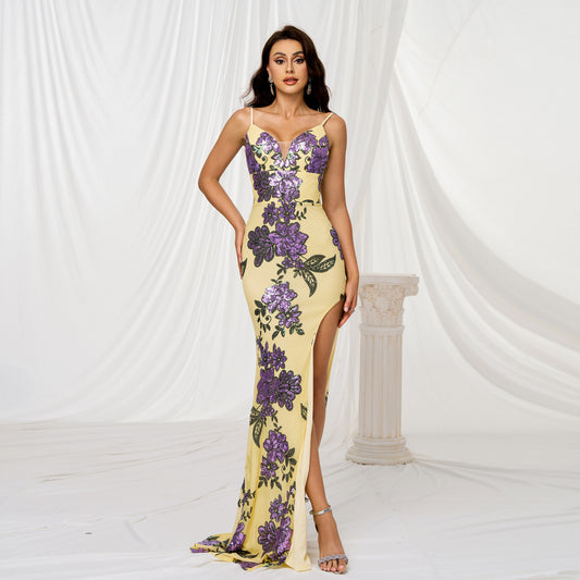 V-neck Brace Slim-fit Sheath Sequined Slit Evening Dress