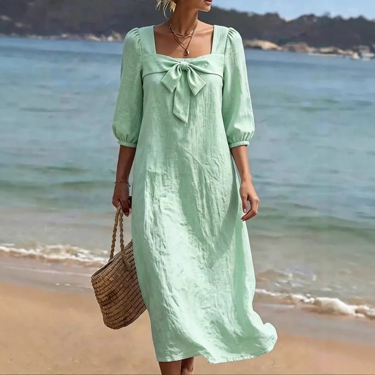 Fashionable Square-Neck Bow-Knot Womens Dress