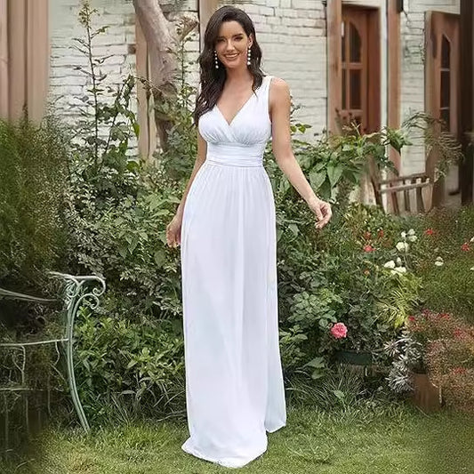 Women's Elegant Graceful Deep V-neck Sleeveless Chiffon Formal Maxi Evening Dress