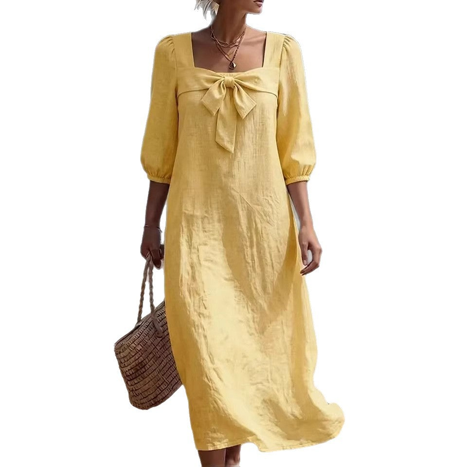 Fashionable Square-Neck Bow-Knot Womens Dress