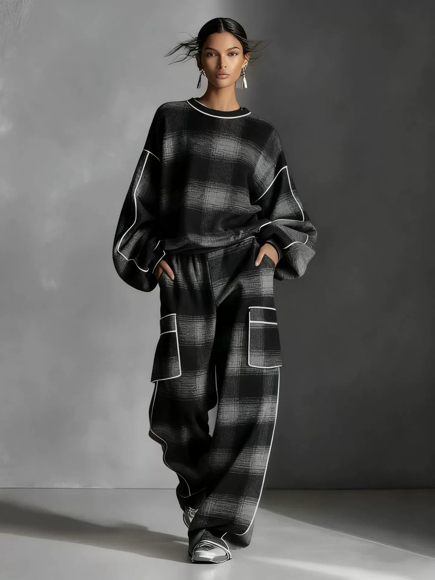 Contrast Piping Plaid Oversized Set – Urban Chic Two-Piece Loungewear
