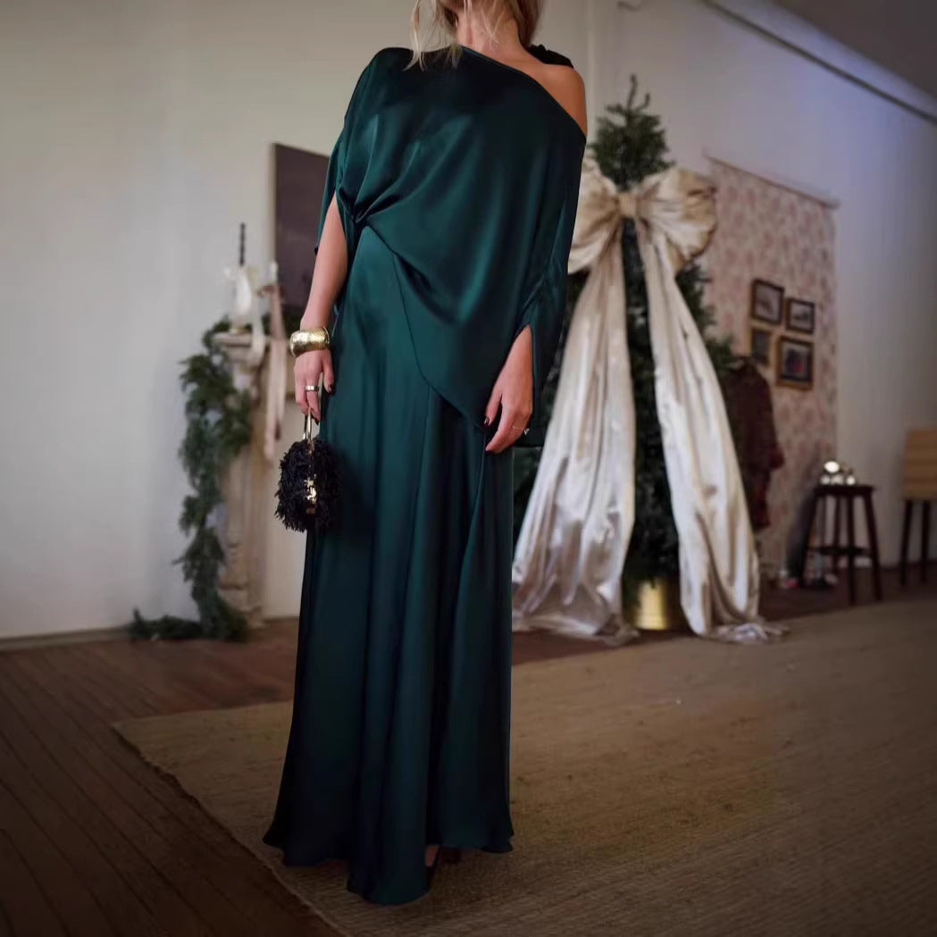 Womens Solid-Color Crew-Neck Long-Sleeve Top Sheath Maxi Skirt