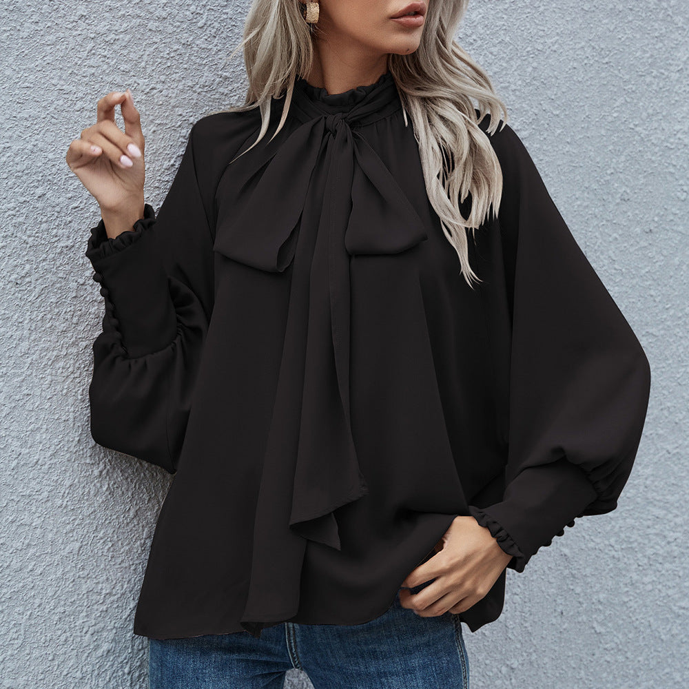 Ins Long-sleeved Blouse Bowknot Puff Sleeves Fashion Commuter Office Tops Women's Clothing