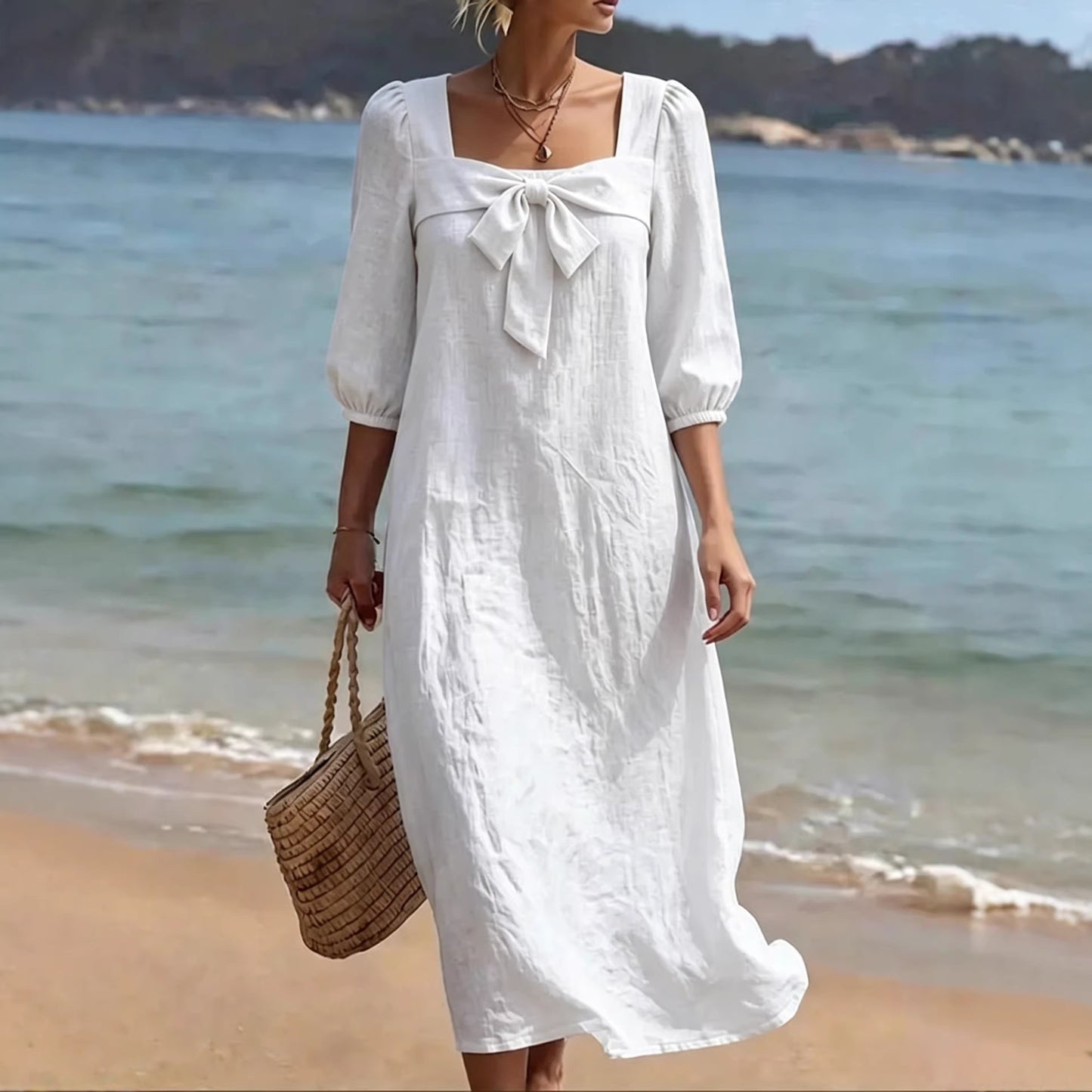 Fashionable Square-Neck Bow-Knot Womens Dress