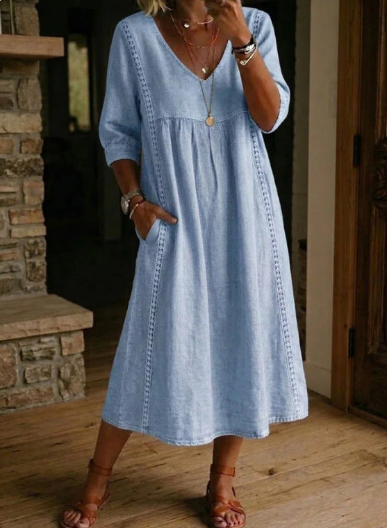 Casual Loose V-Neck Lace Trim Linen Cotton Dress
