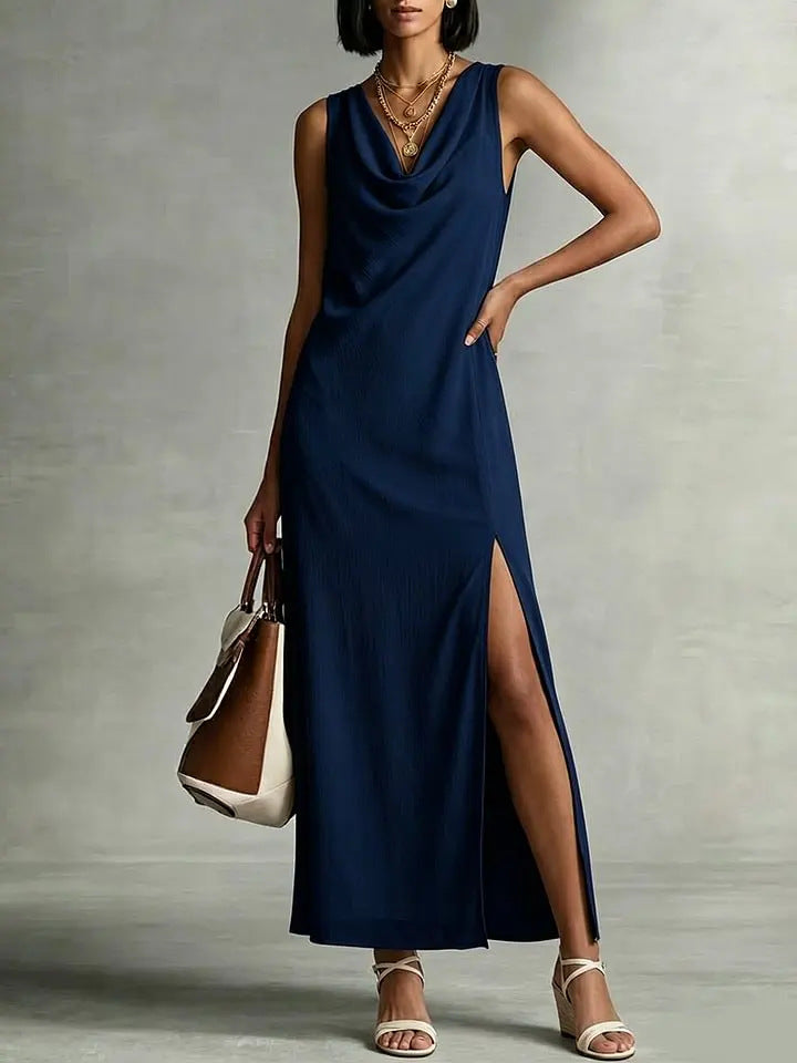 Womens Fashion Split Hem Draped Neckline Sleeveless Chiffon Dress