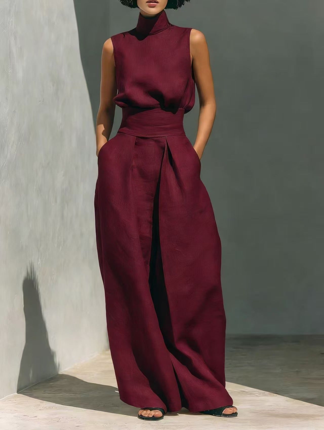 Serene High-Neck Linen Set – Architectural Wide-Leg Two-Piece Ensemble