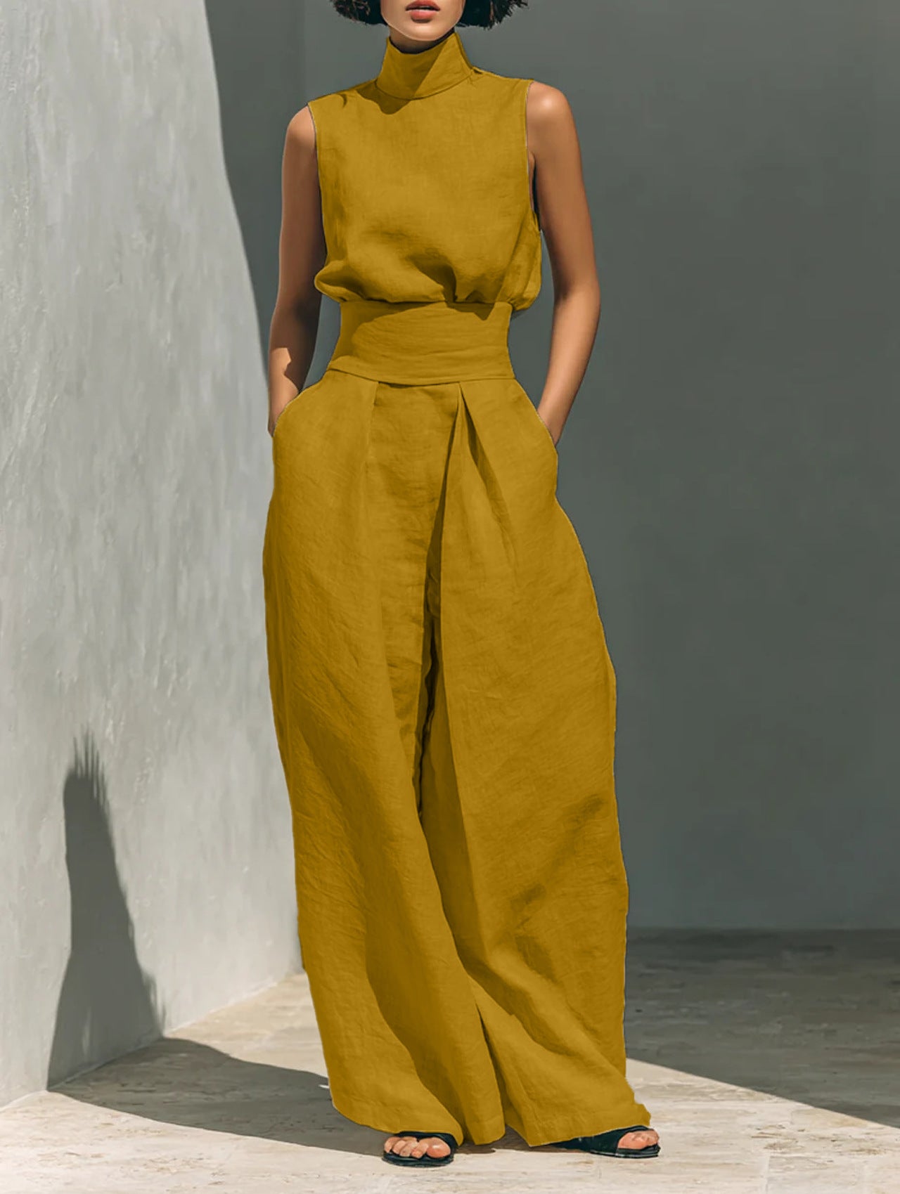 Serene High-Neck Linen Set – Architectural Wide-Leg Two-Piece Ensemble