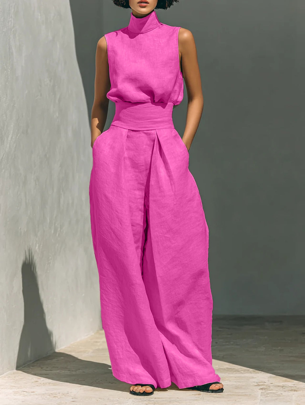 Serene High-Neck Linen Set – Architectural Wide-Leg Two-Piece Ensemble