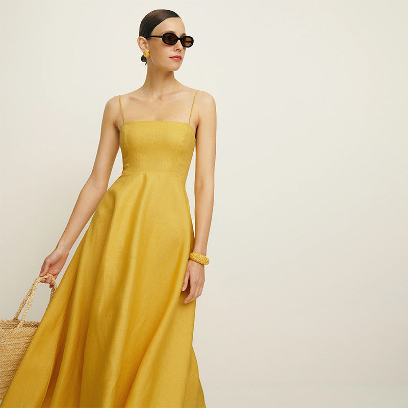 Elena Linen-Blend Midi Dress – Smocked Back Strappy Summer Sun Dress