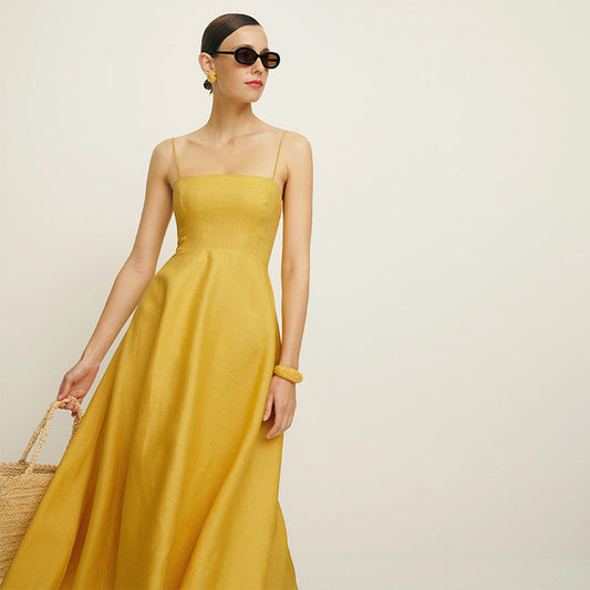 Elena Linen-Blend Midi Dress – Smocked Back Strappy Summer Sun Dress