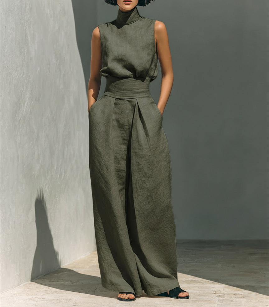 Serene High-Neck Linen Set – Architectural Wide-Leg Two-Piece Ensemble