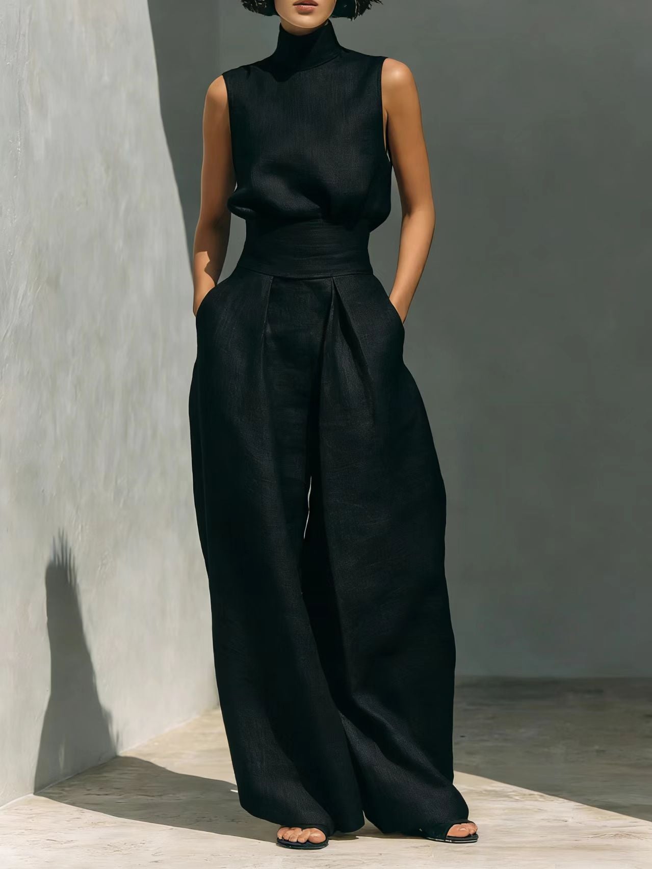 Serene High-Neck Linen Set – Architectural Wide-Leg Two-Piece Ensemble