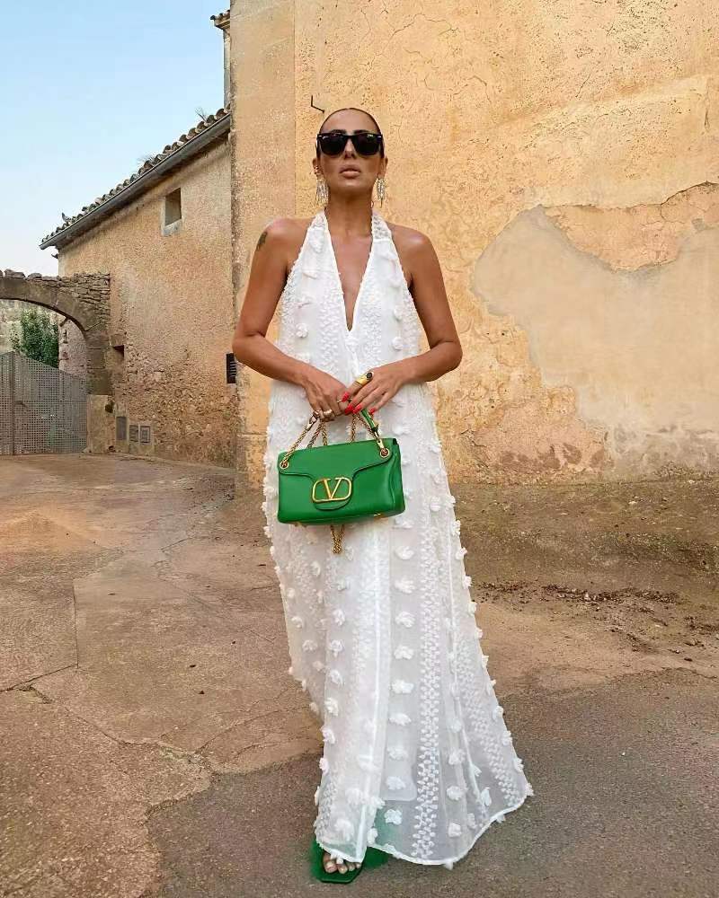 Aurora 3D Textured Halter Maxi – Bohemian V-Neck Resort Gown