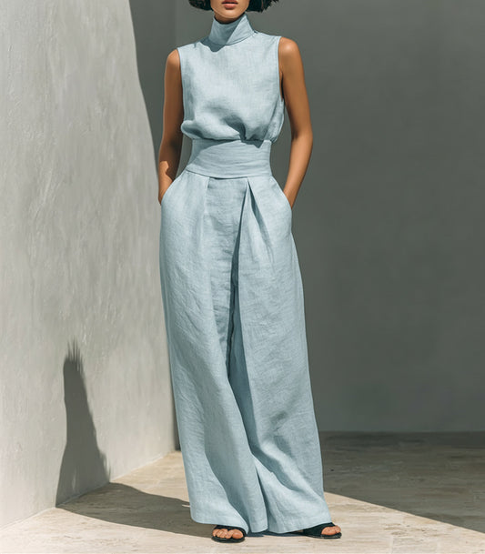 Serene High-Neck Linen Set – Architectural Wide-Leg Two-Piece Ensemble