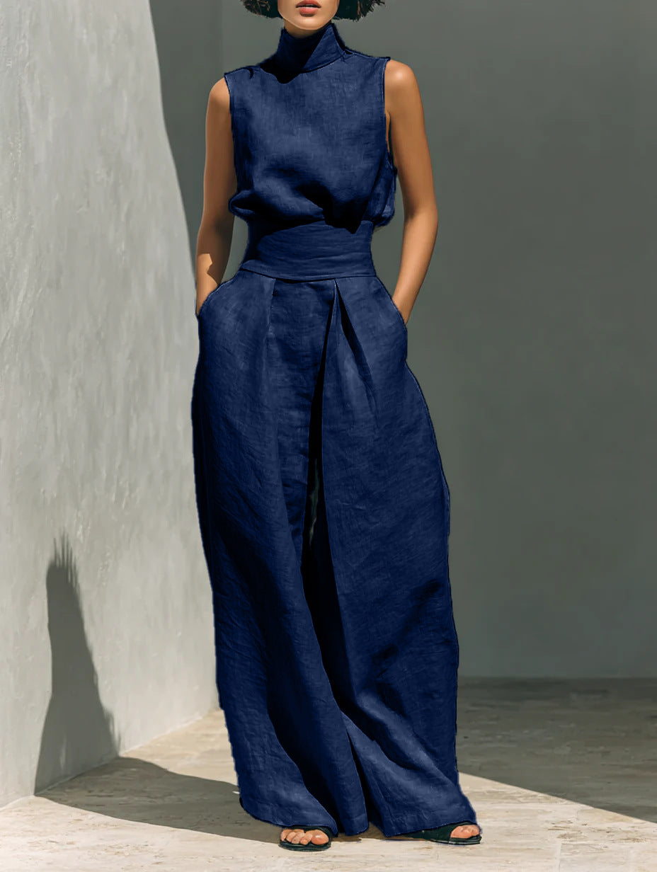 Serene High-Neck Linen Set – Architectural Wide-Leg Two-Piece Ensemble
