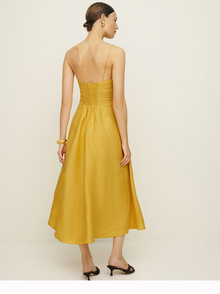Elena Linen-Blend Midi Dress – Smocked Back Strappy Summer Sun Dress