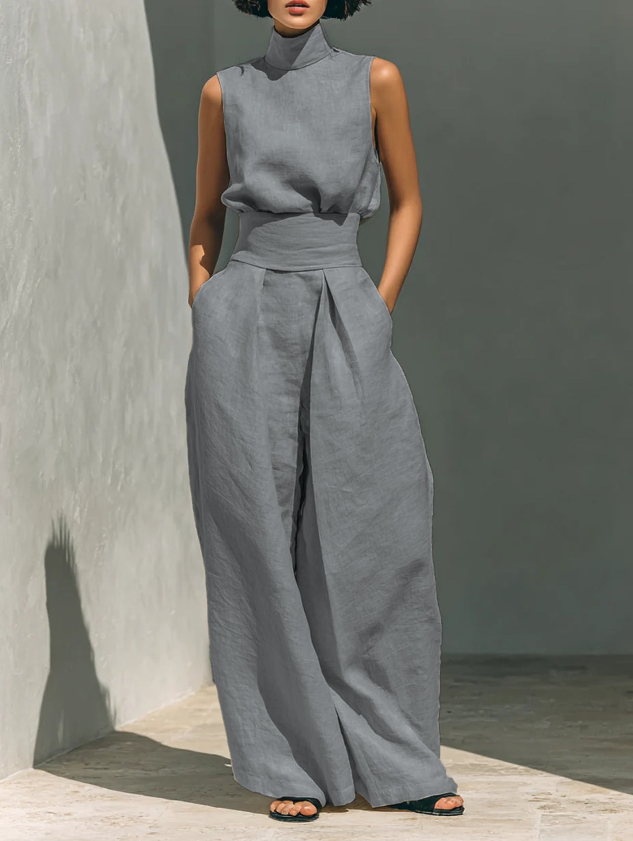 Serene High-Neck Linen Set – Architectural Wide-Leg Two-Piece Ensemble