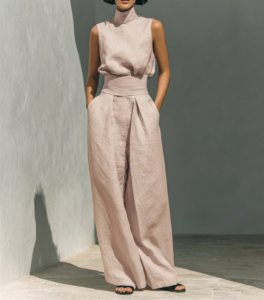 Serene High-Neck Linen Set – Architectural Wide-Leg Two-Piece Ensemble