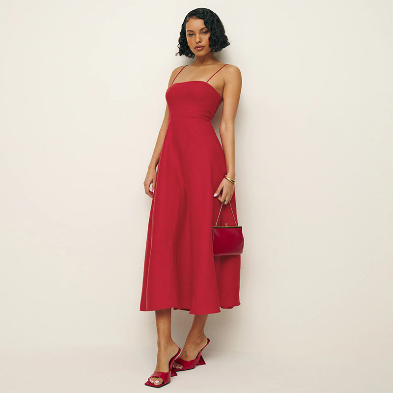 Elena Linen-Blend Midi Dress – Smocked Back Strappy Summer Sun Dress