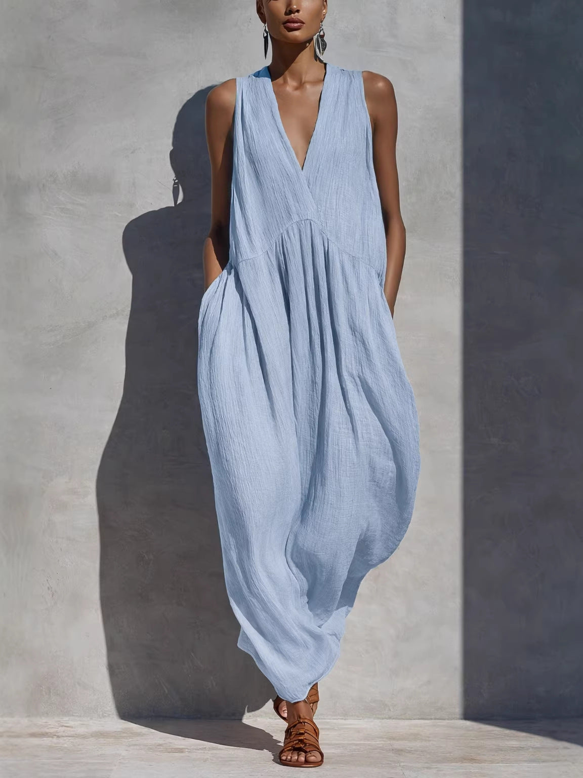 Summer Solid-Color V-Neck Resort-Style Womens Dress
