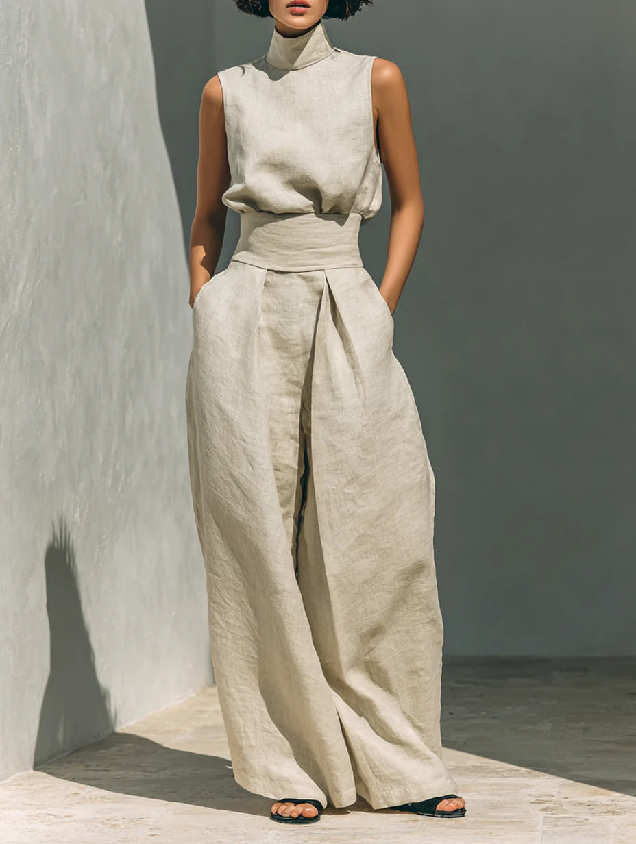 Serene High-Neck Linen Set – Architectural Wide-Leg Two-Piece Ensemble