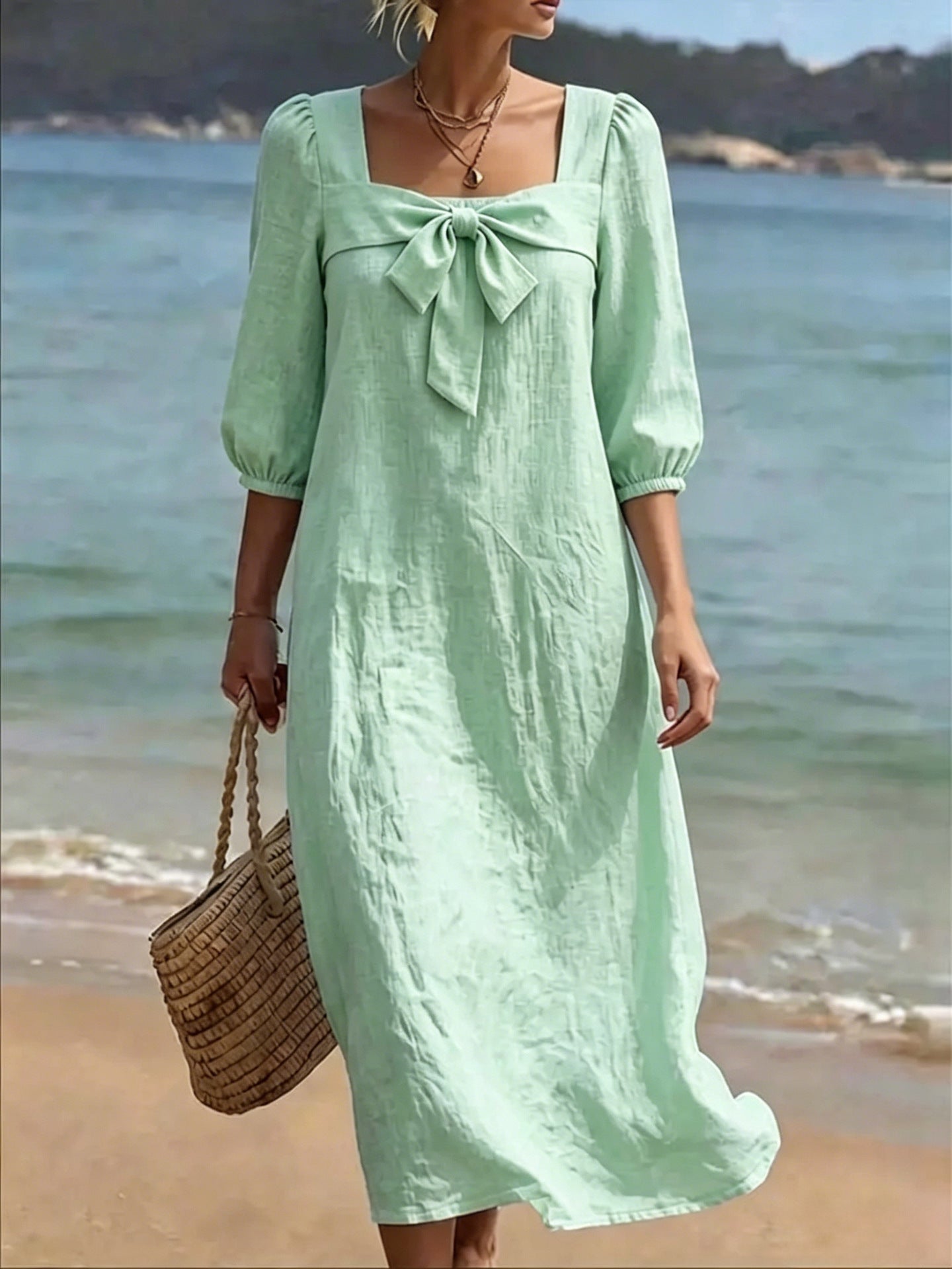 Fashionable Square-Neck Bow-Knot Womens Dress