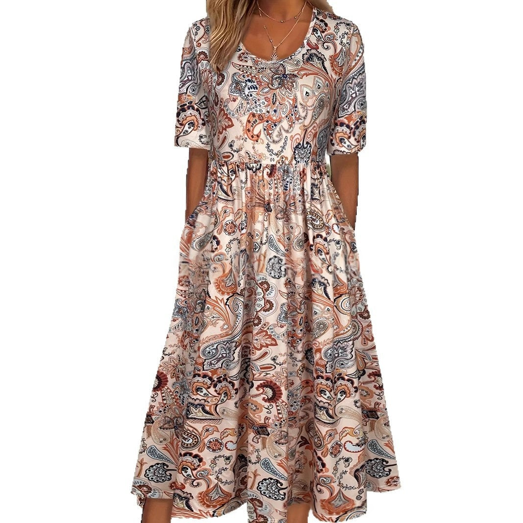 V-neck Short-sleeve Belted Maxi Dress With Pockets