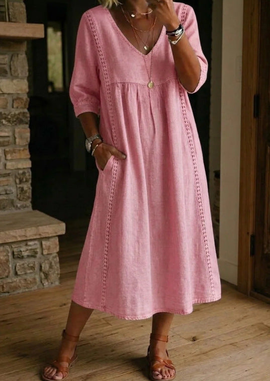 Casual Loose V-Neck Lace Trim Linen Cotton Dress