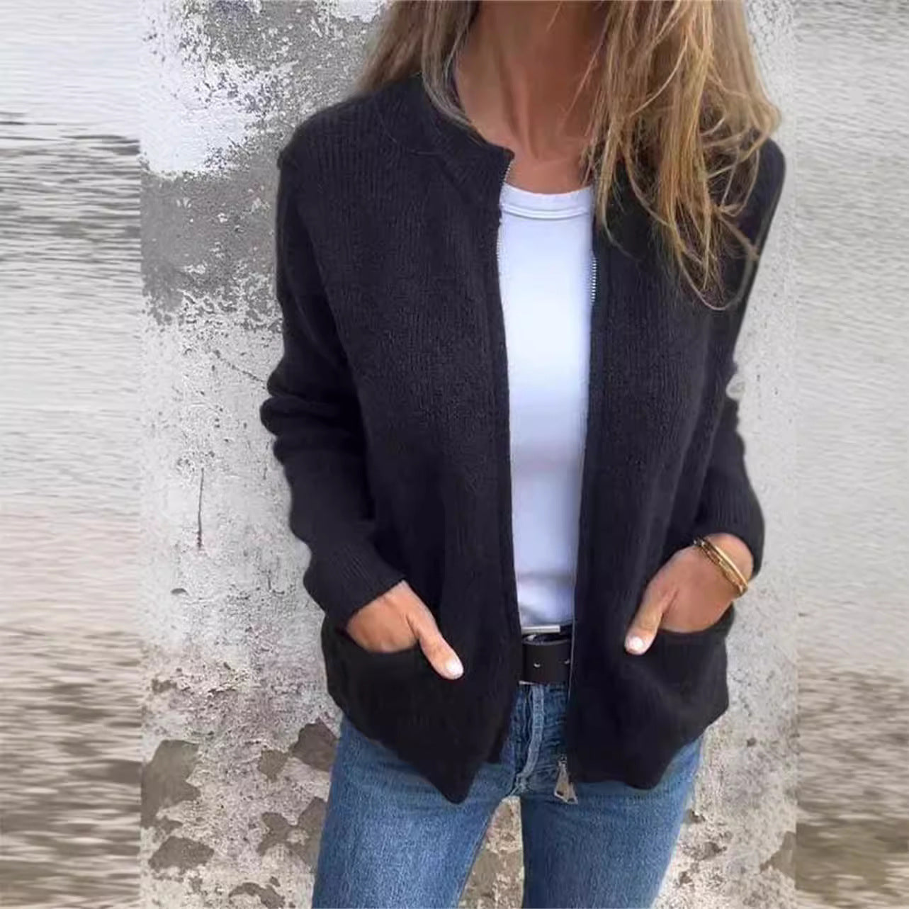 Women's Casual Solid Color Pocket Cardigan Coat