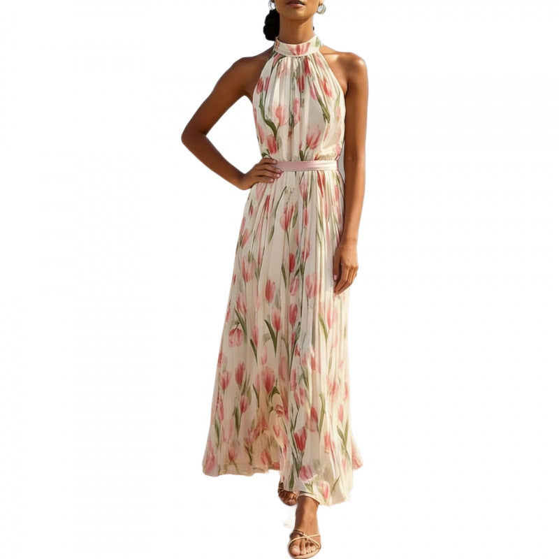 Womens Swing-Style Halterneck Printed Dress