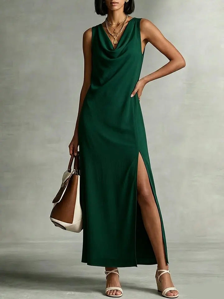 Womens Fashion Split Hem Draped Neckline Sleeveless Chiffon Dress