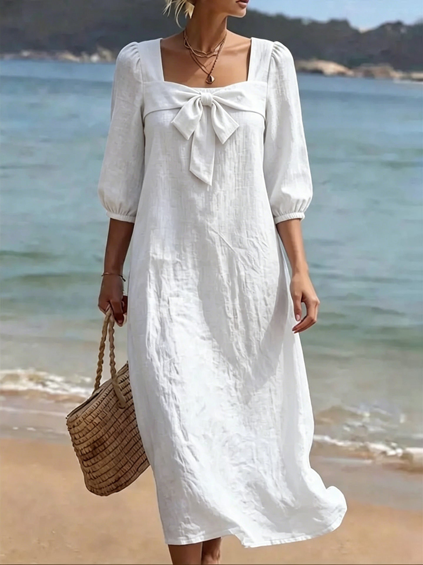 Fashionable Square-Neck Bow-Knot Womens Dress