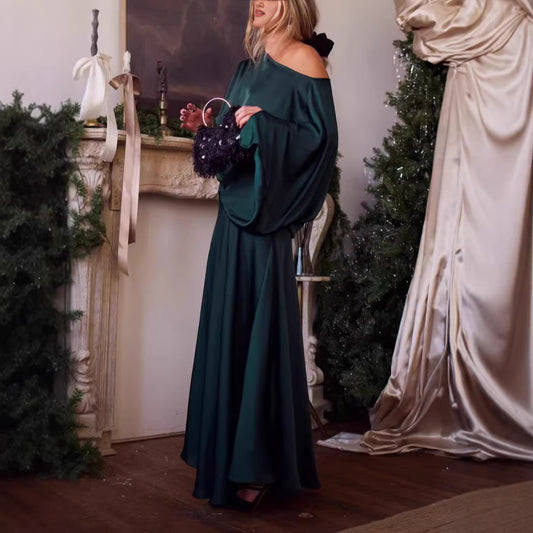 Womens Solid-Color Crew-Neck Long-Sleeve Top Sheath Maxi Skirt