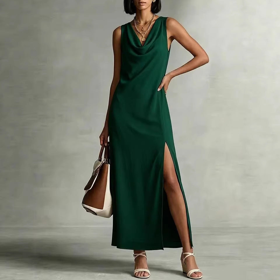 Womens Fashion Split Hem Draped Neckline Sleeveless Chiffon Dress