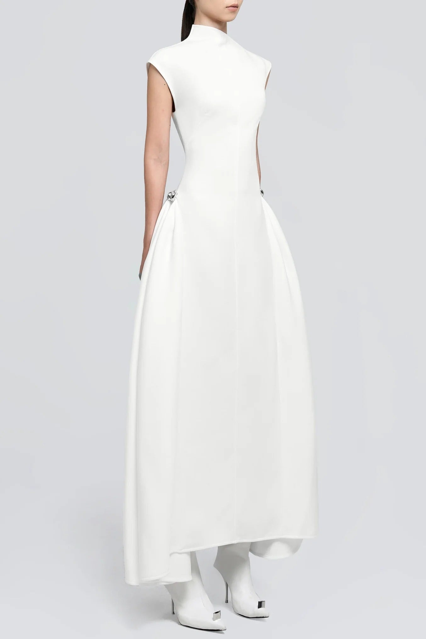 Luna Symmetric Draped Midi – Architectural High-Neck Flare Dress