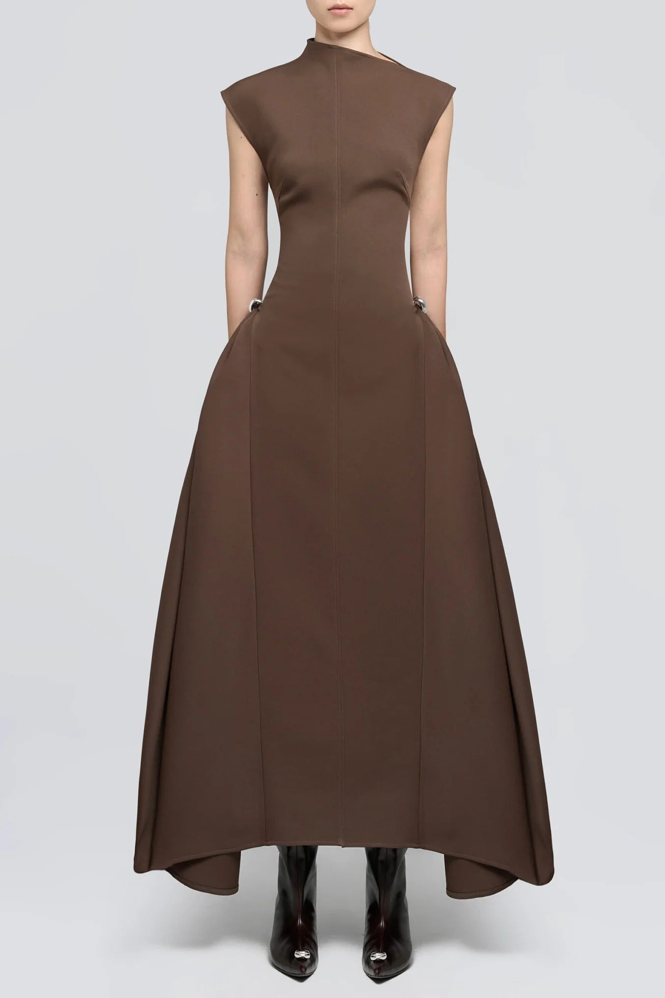 Luna Symmetric Draped Midi – Architectural High-Neck Flare Dress