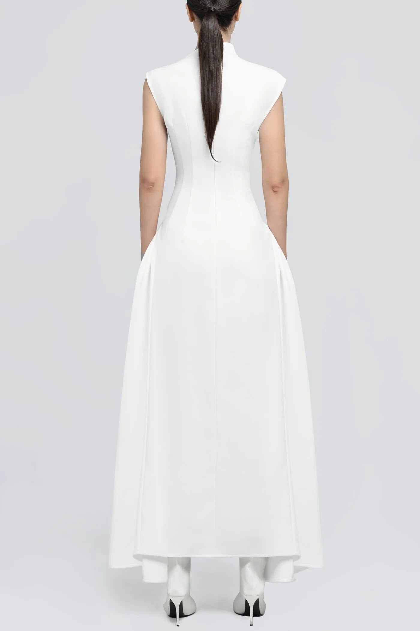 Luna Symmetric Draped Midi – Architectural High-Neck Flare Dress