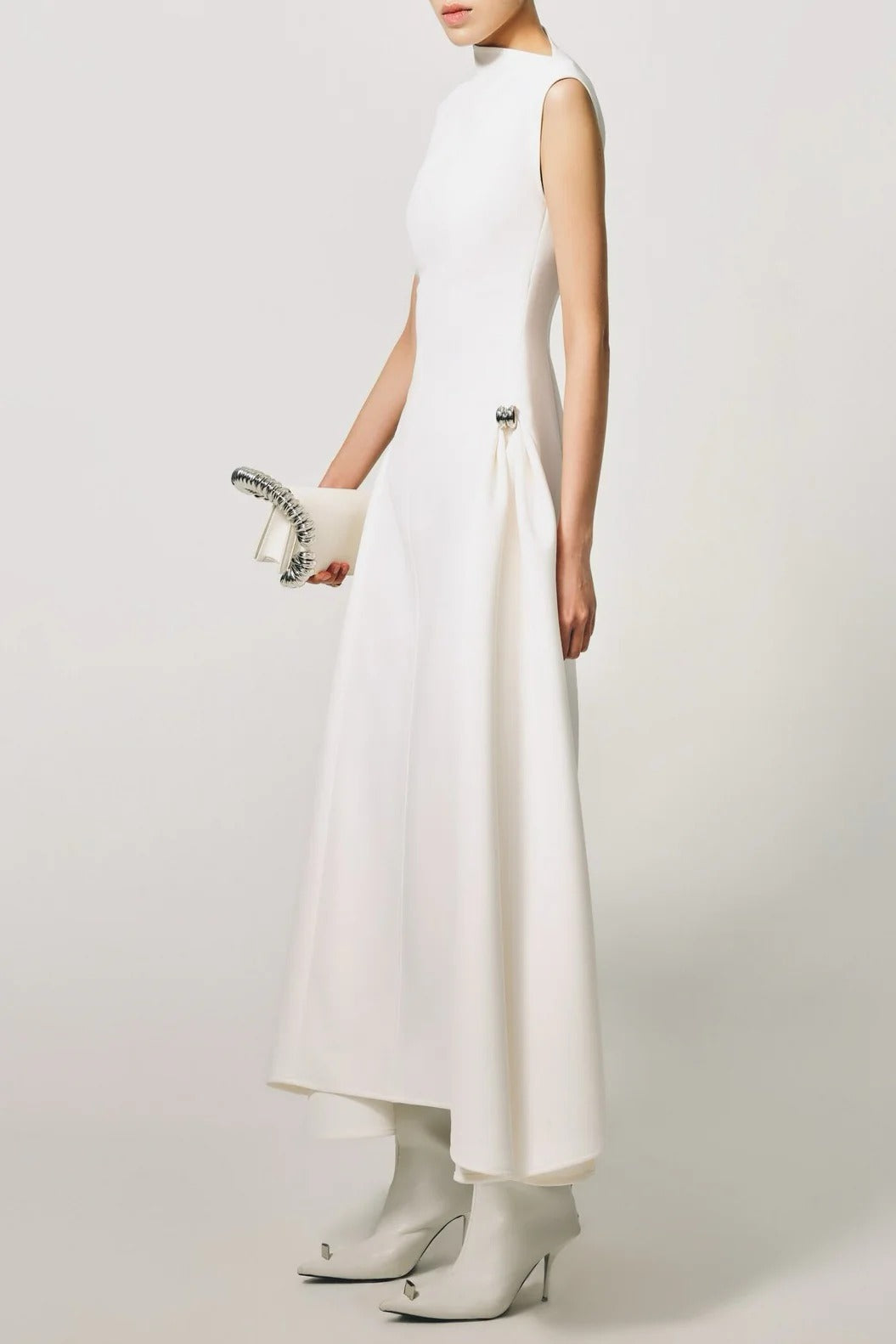 Luna Symmetric Draped Midi – Architectural High-Neck Flare Dress